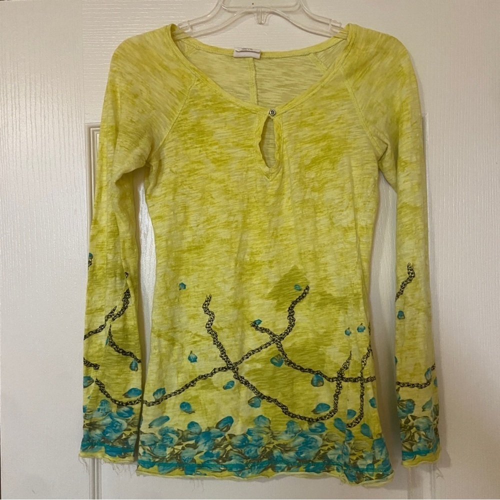 Free People Green and Blue Blouse with Artistic Design